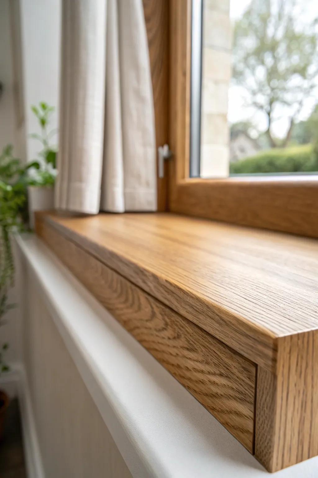 A deep wood window ledge with a subtle lip—beautiful, practical styling space by the sink.