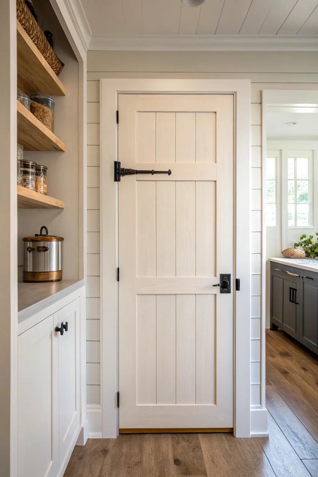 Shiplap inset pantry door in warm white—softly sanded edges for farmhouse character.