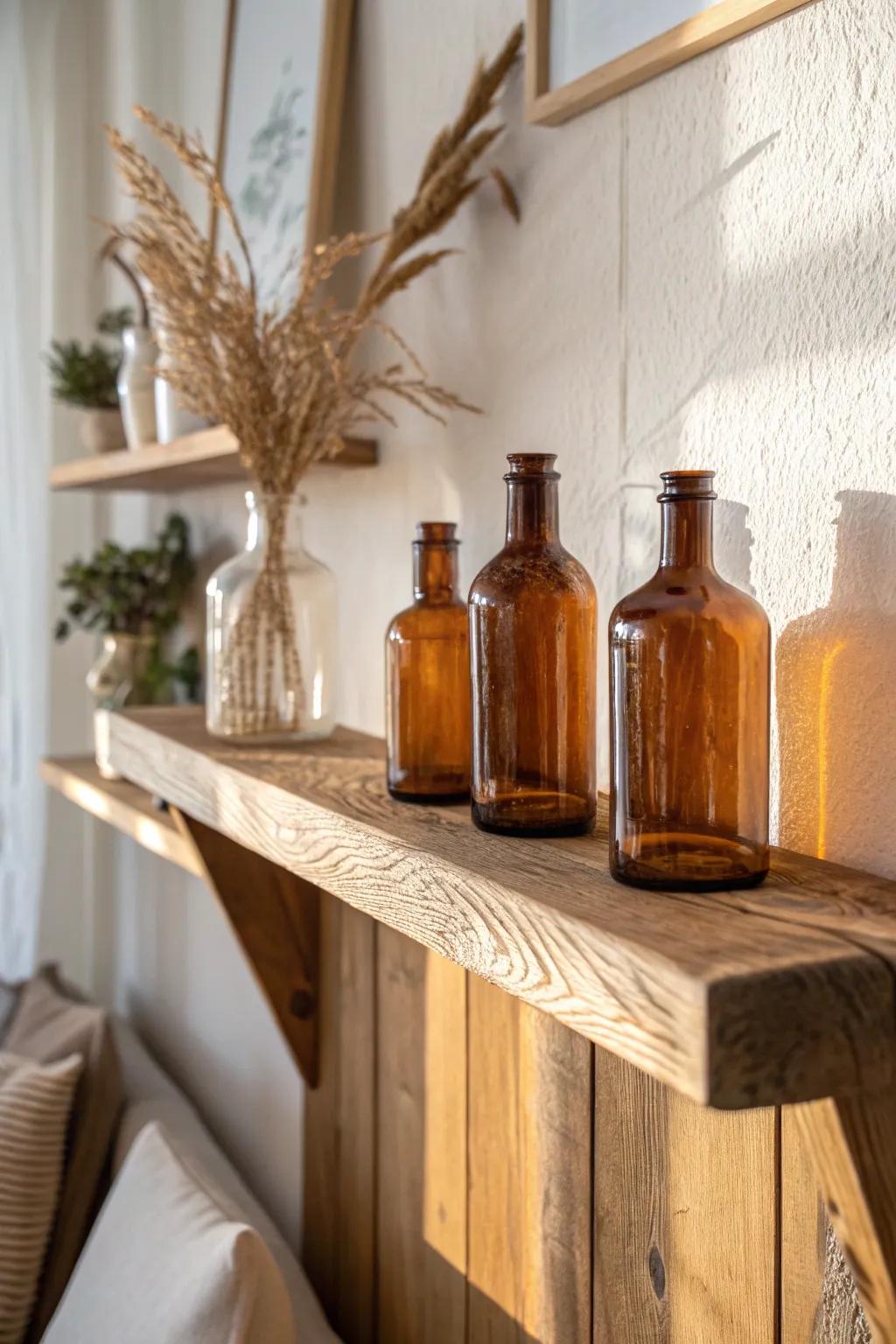 Amber bottles on an oak shelf add warm vintage glow and collected charm to your living room.