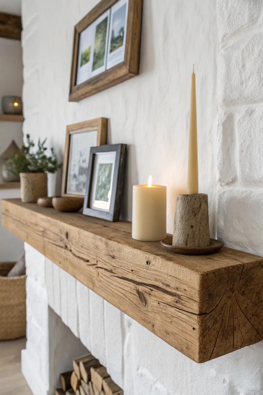 A thick beam shelf ledge styled like a mini mantel—instant farmhouse warmth, clean and cozy.