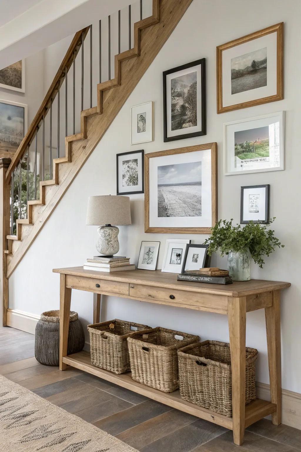 Asymmetrical farmhouse gallery wall: one bold piece left, clustered frames right—perfect balance.