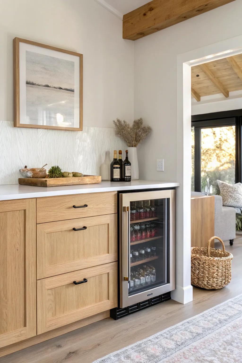 Built-in under-counter beverage fridge slot—clean framed opening with a hidden vent gap.