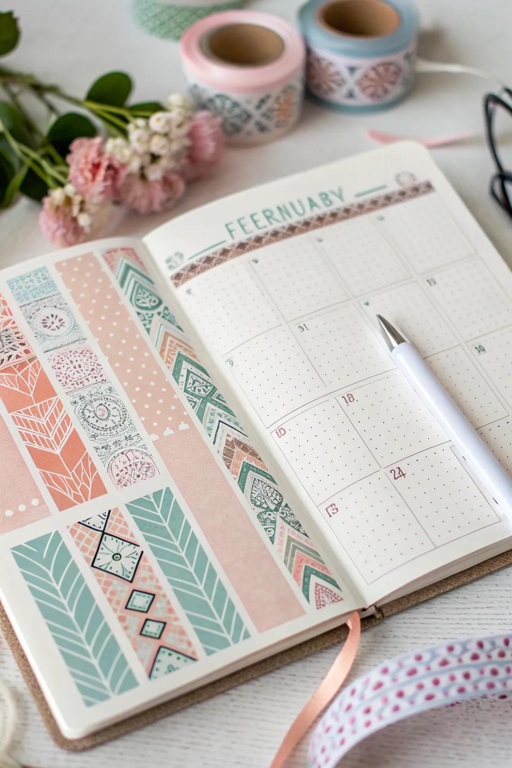 Elevate your February bullet journal with washi tape wonders - a touch of boho charm in minimalist design.