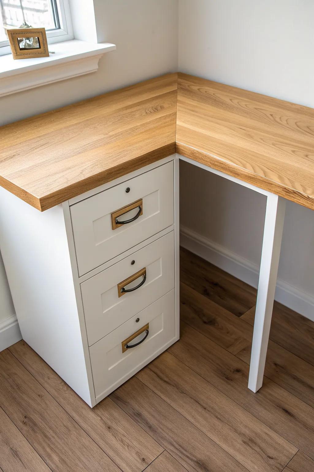 Corner L-shaped file cabinet desk with a shared cabinet—clean lines, warm wood, smart use of space.