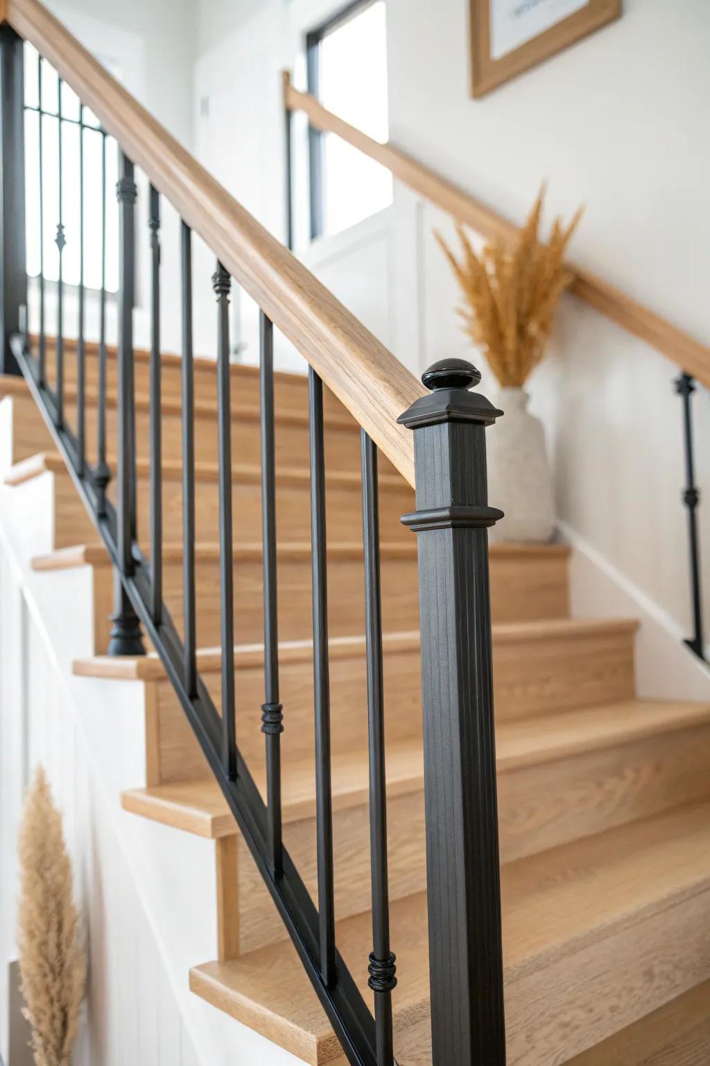 Slim matte-black balusters + warm wood handrail—an instant clean, modern staircase refresh.