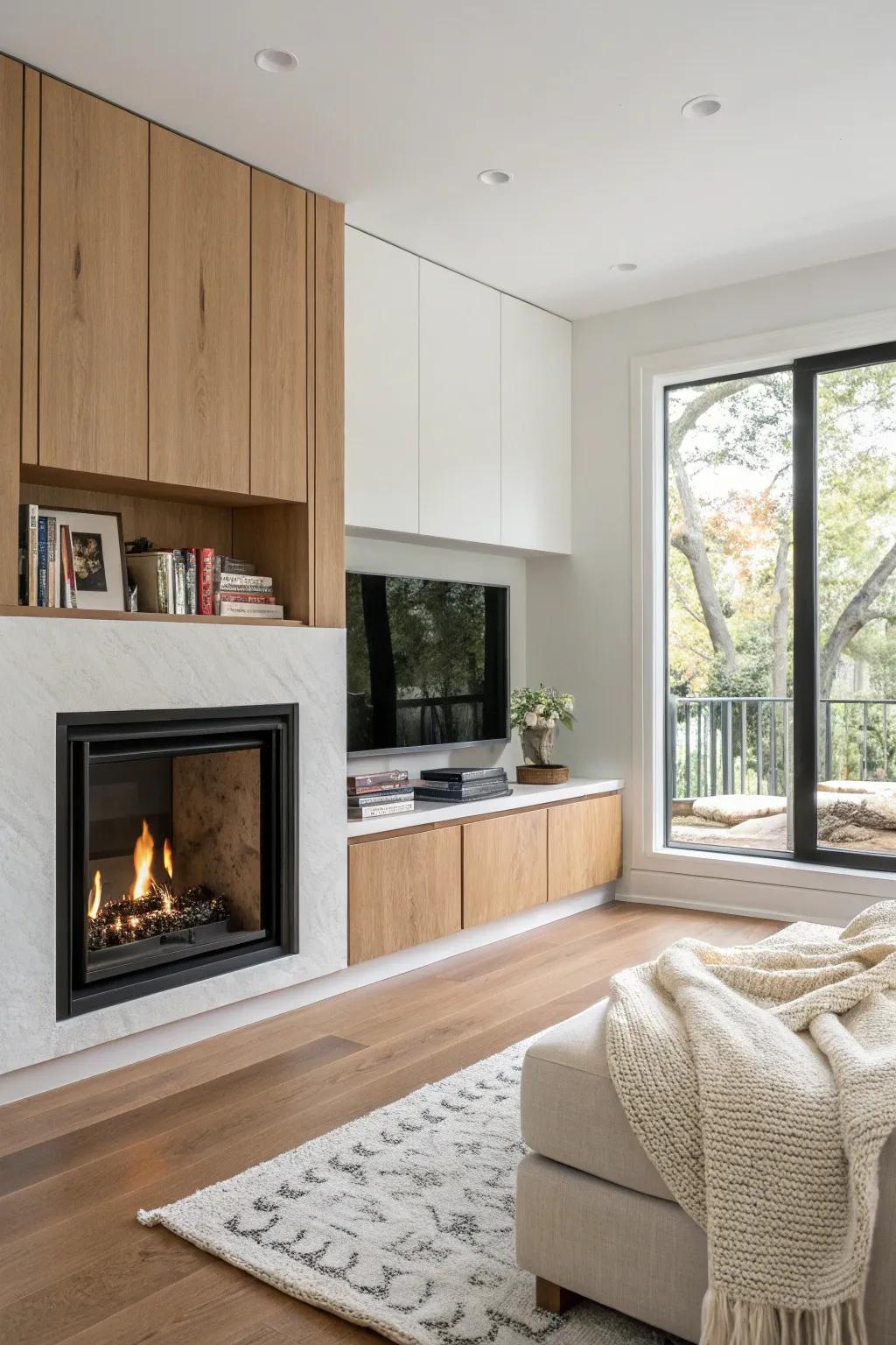 Base cabinets under the fireplace bump-out—hidden storage that keeps the room calm and curated.