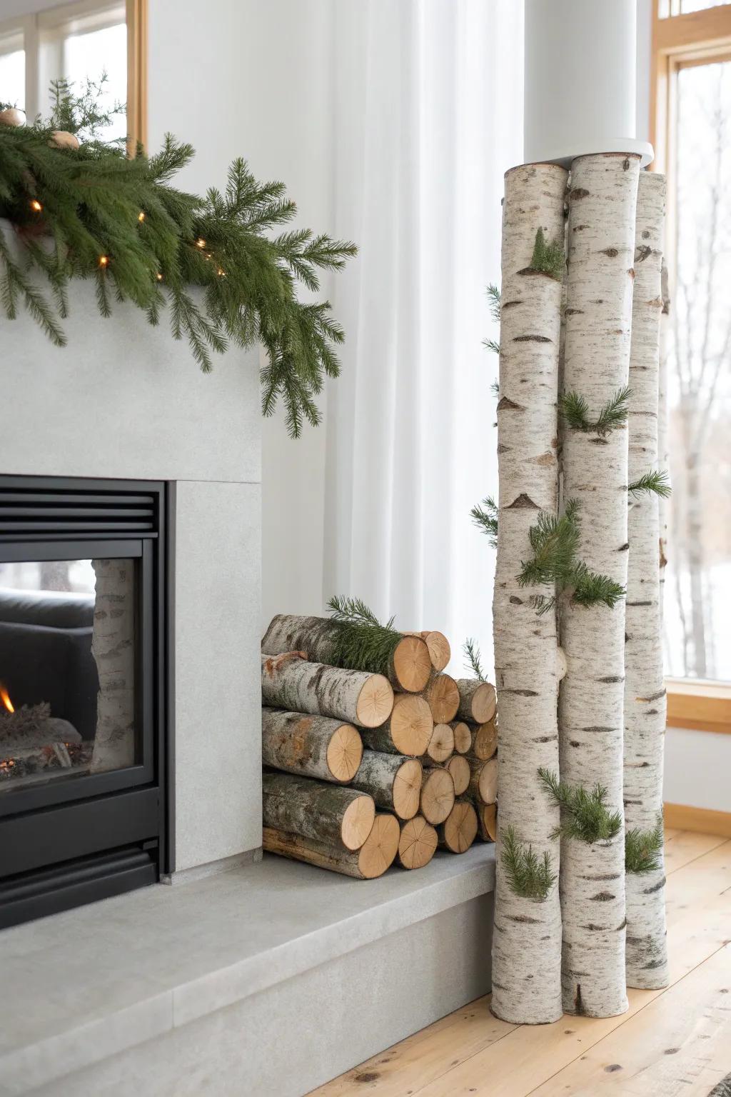 Birch log stack + evergreen sprigs: the simplest Scandinavian hearth decor for cozy Christmas.