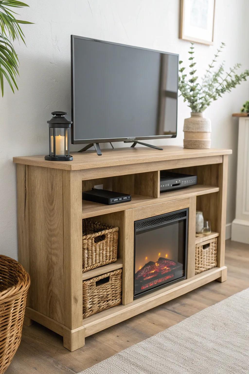 Corner fireplace TV stand: cozy hearth glow with space-saving Scandinavian oak design.