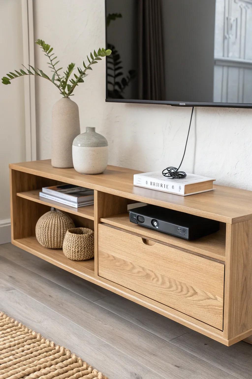 Light oak open-shelf floating media unit with hidden cable channel—airy, minimal, and chic.