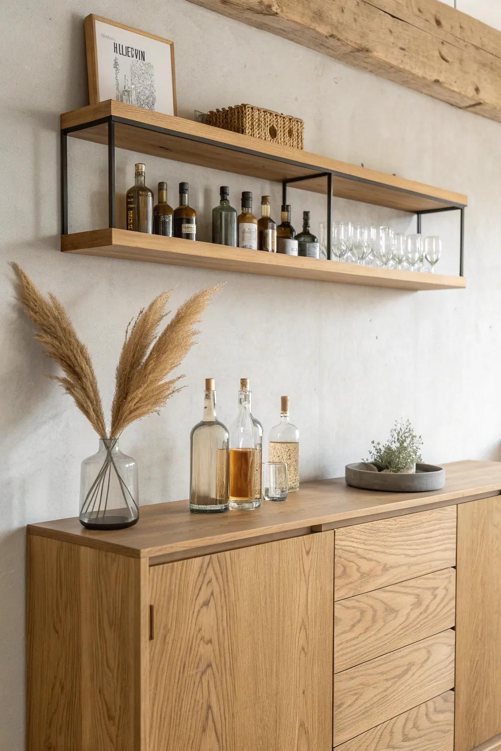 A floating shelf bar above a sideboard—matched wood tones for a calm, cohesive bar moment.