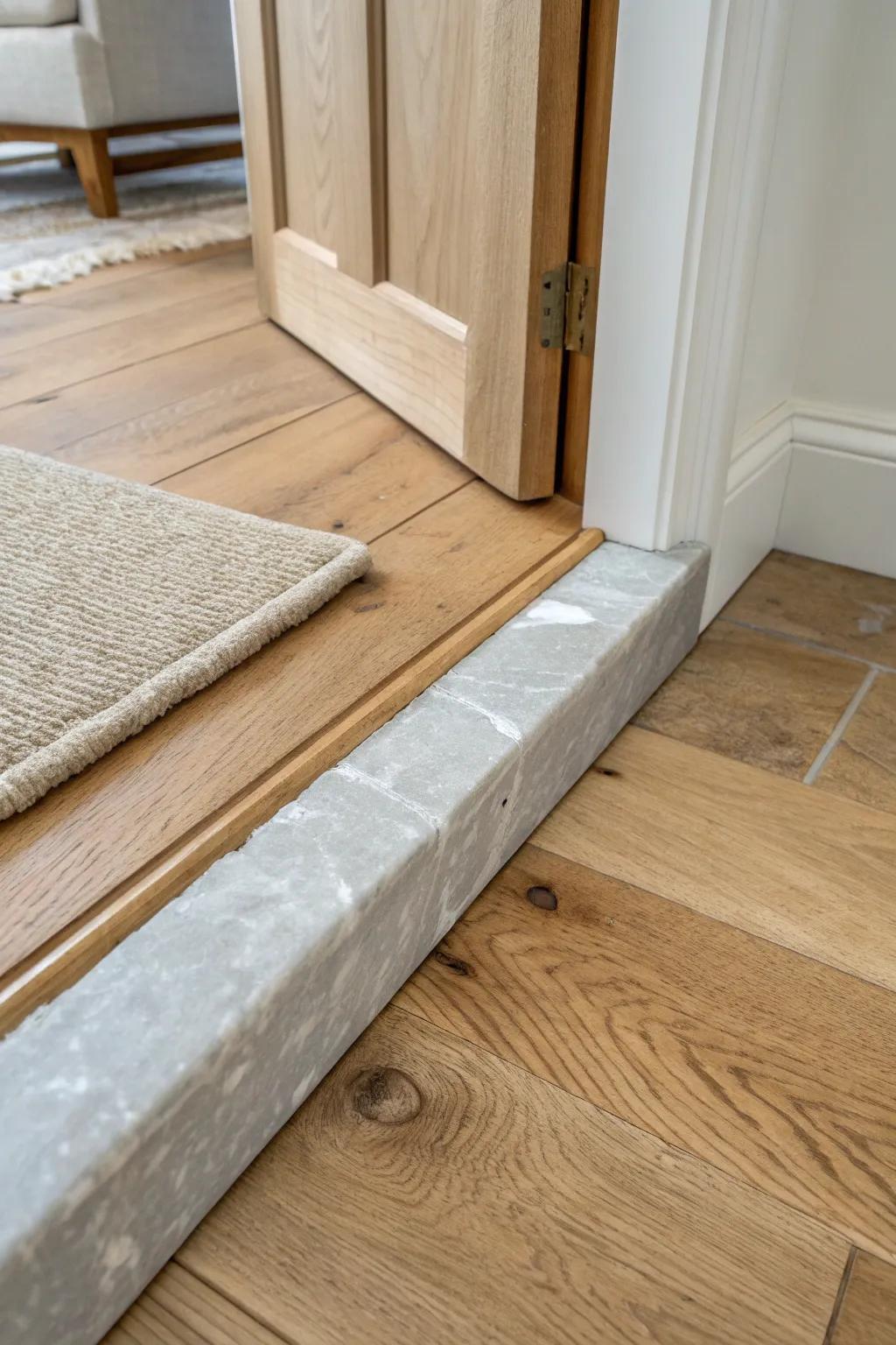 A stone saddle threshold adds an elegant, durable pause between wet zones and warm wood.