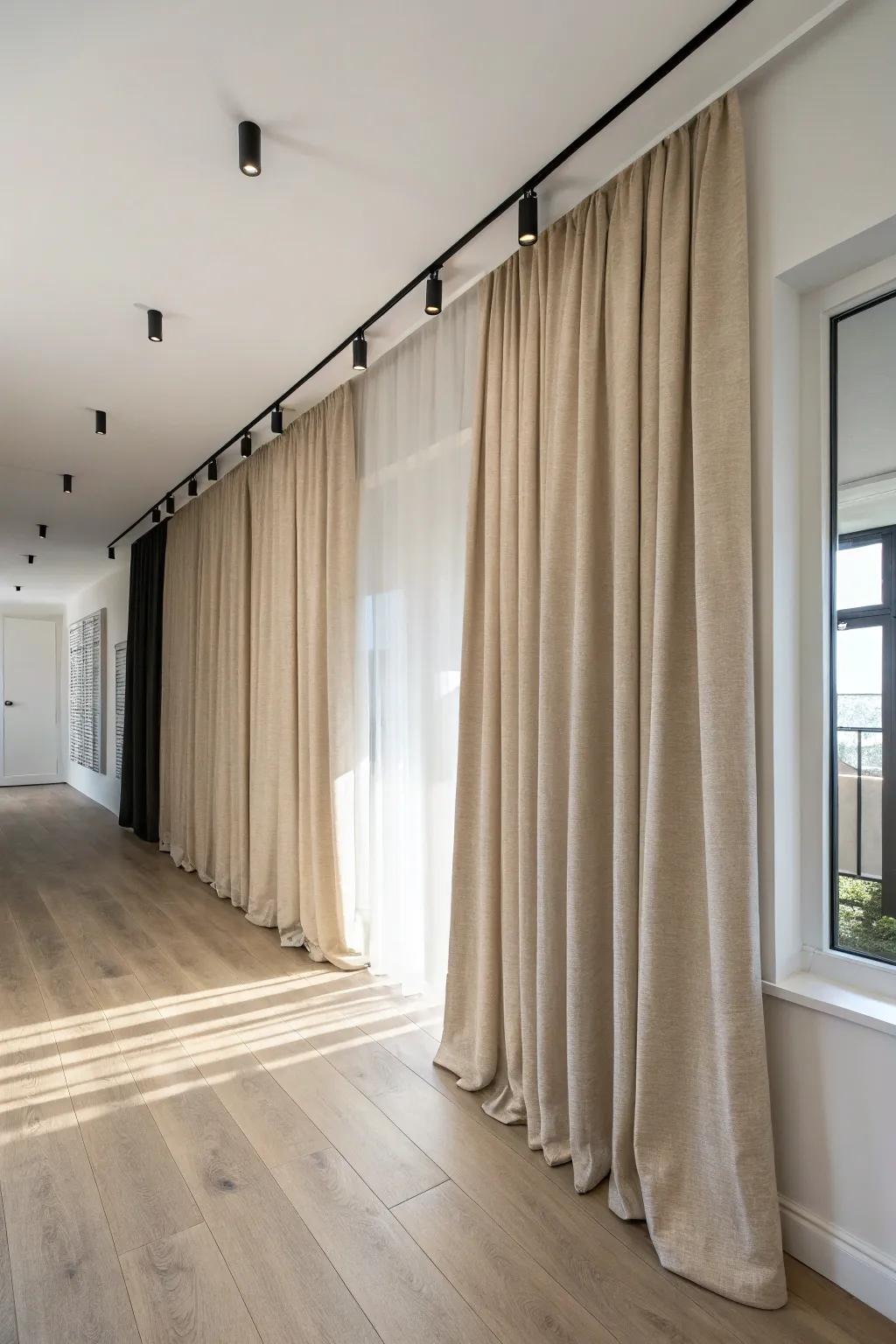 Ceiling-mounted linen curtains create a soft floor-to-ceiling divider—privacy when you need it.