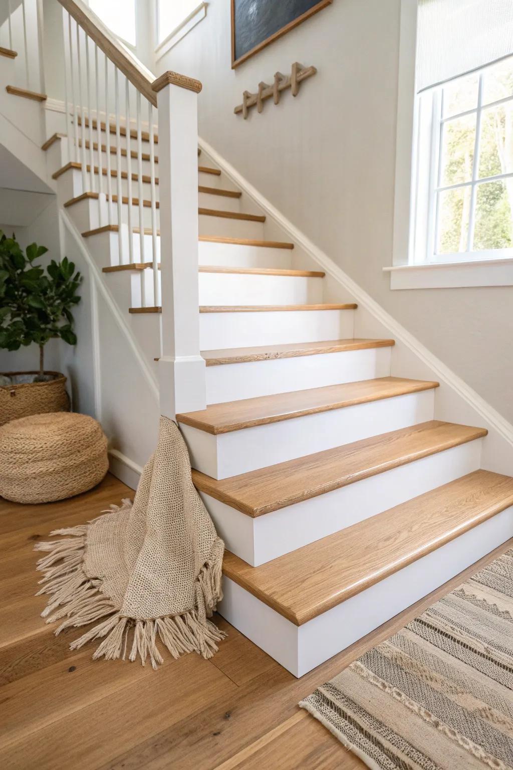 Clean-nosed laminate wrap for stairs—sharp, modern lines with warm oak tone and durability.