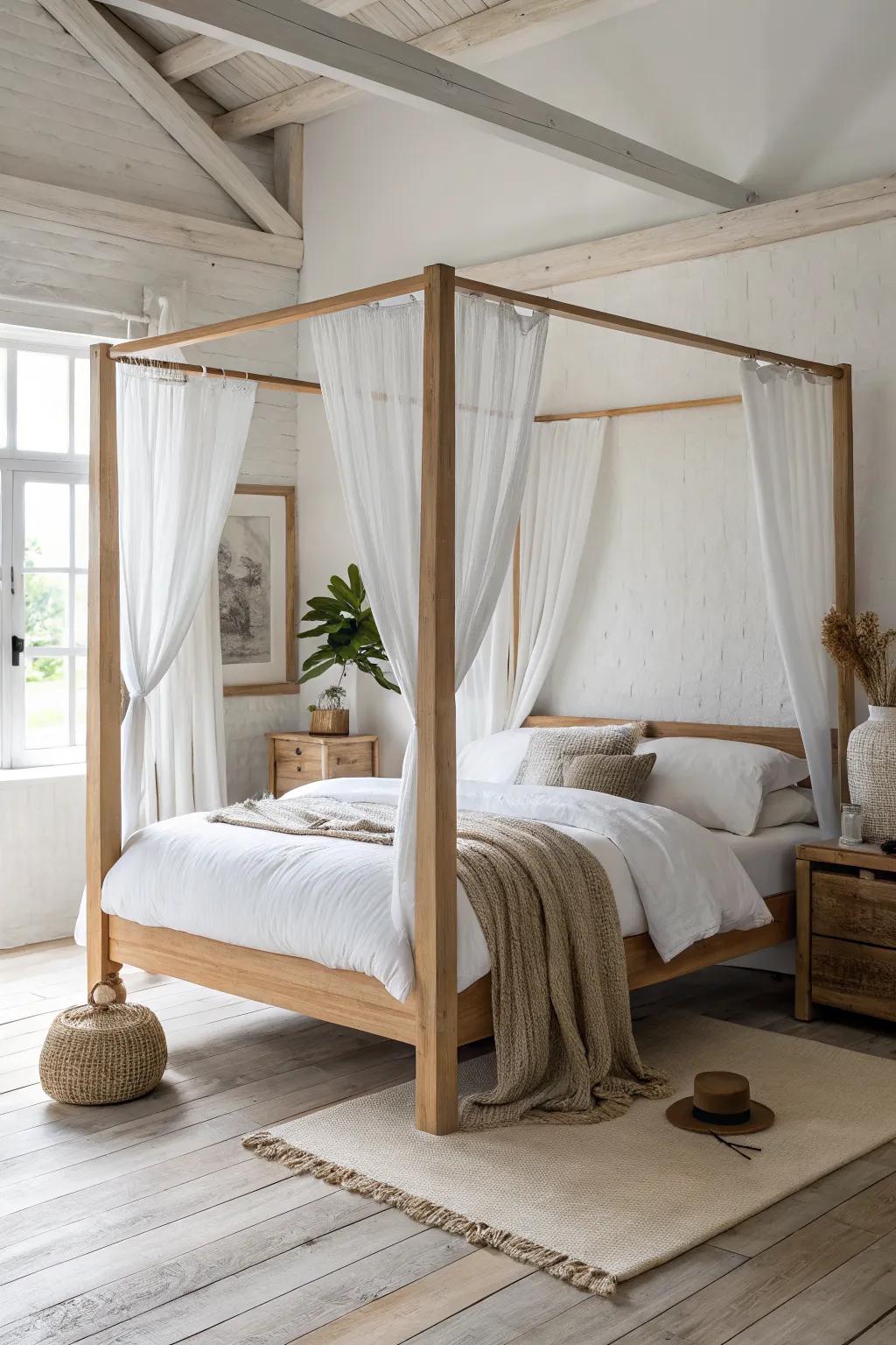 Sheer linen drapes soften a light oak four-poster bed for an instant romantic, cozy glow.