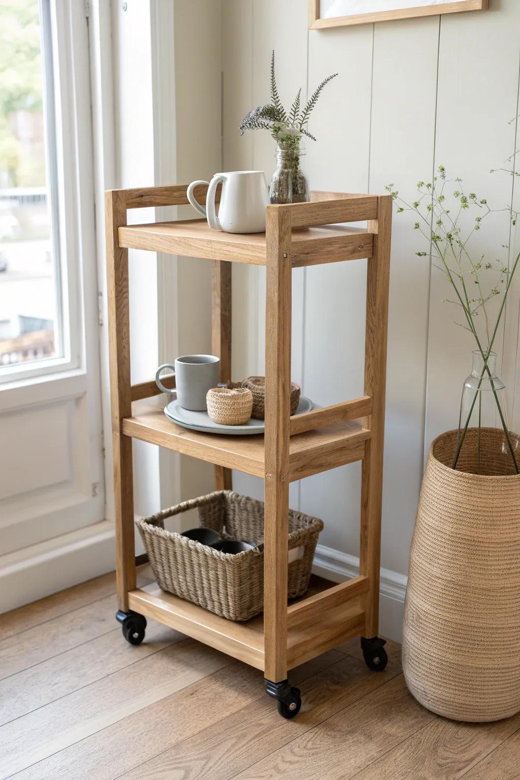 A sleek rolling shelf cart on locking casters—minimal, mobile storage with warm wood charm.