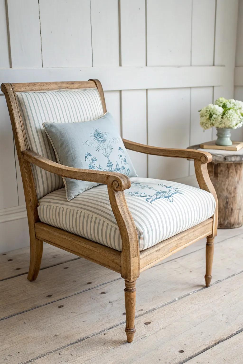 Ticking stripe meets soft toile on a handcrafted oak chair—French cottage charm, simply styled.