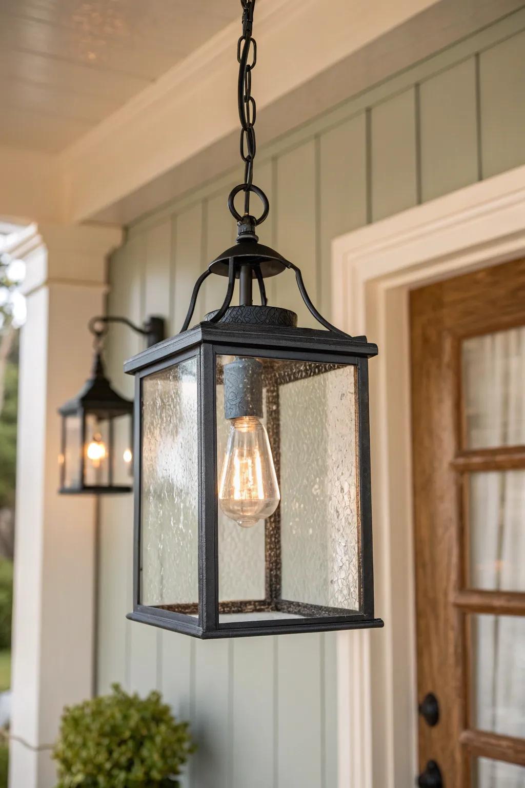 A petite lantern pendant adds warm farmhouse glow and makes wood tones look richer.