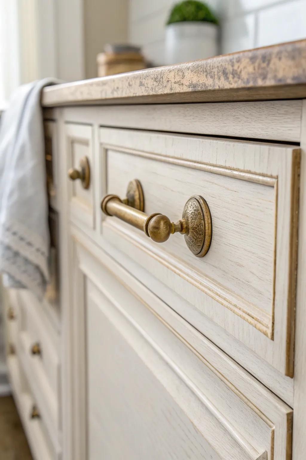 Warm brass vintage pull on creamy painted wood—an instant French Country laundry upgrade.