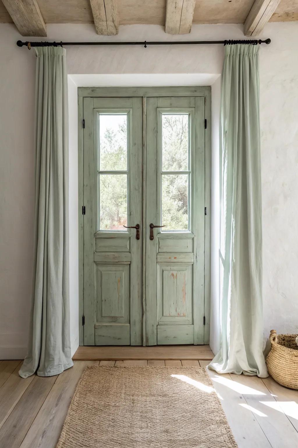 Soft sage green French doors for a calm, farmhouse-friendly look with minimalist warmth.