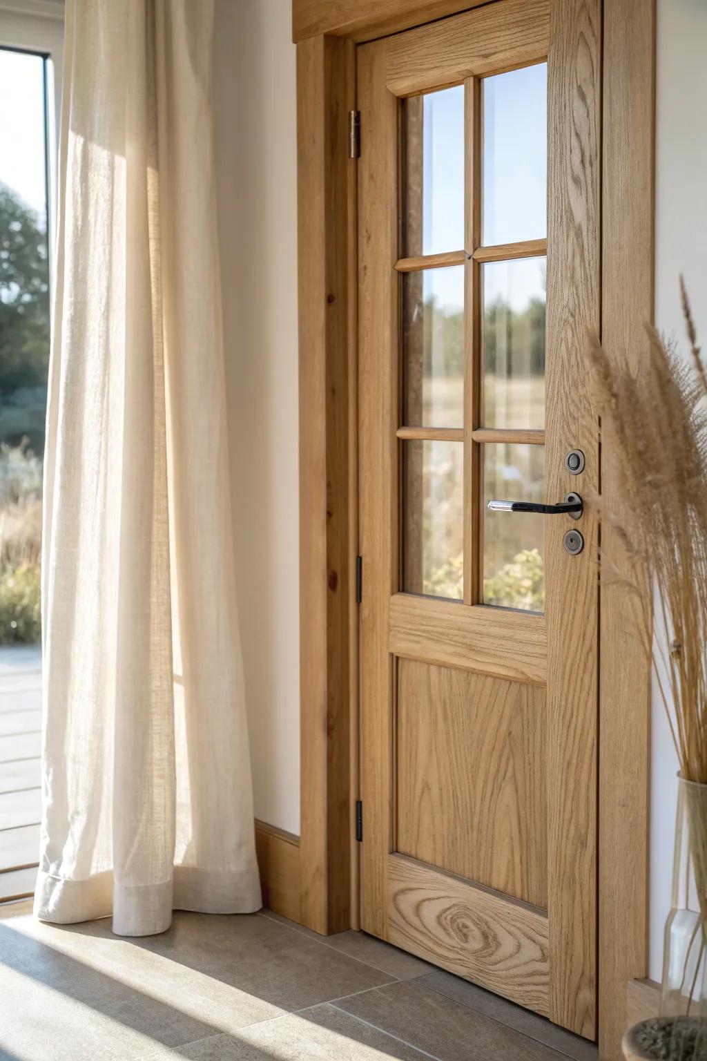 Café curtains on French doors: bright morning light above, cozy privacy below.