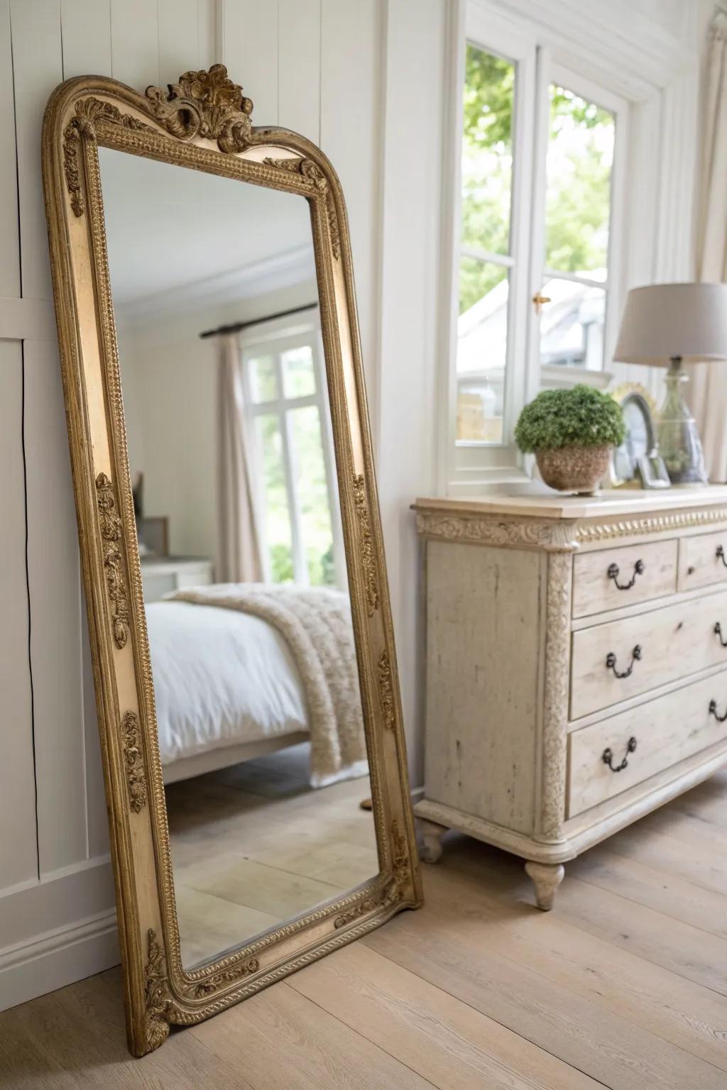 A gilded mirror with a softly aged patina—French provincial elegance with airy Scandinavian calm.
