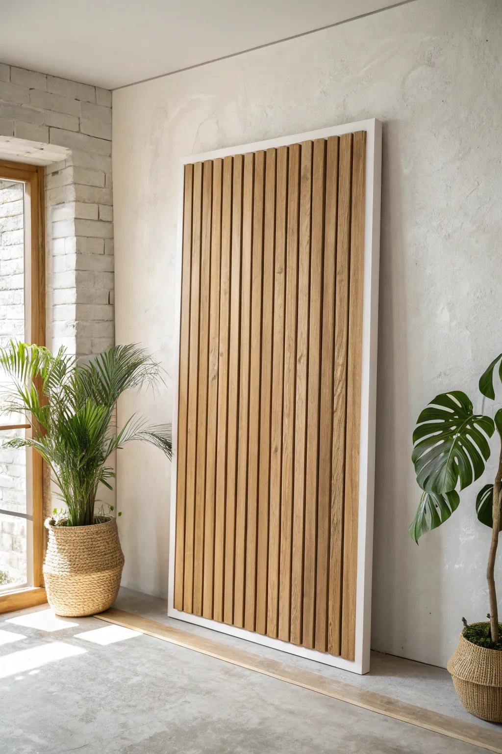A removable wood-slat backdrop panel makes any showroom display feel like a finished room.