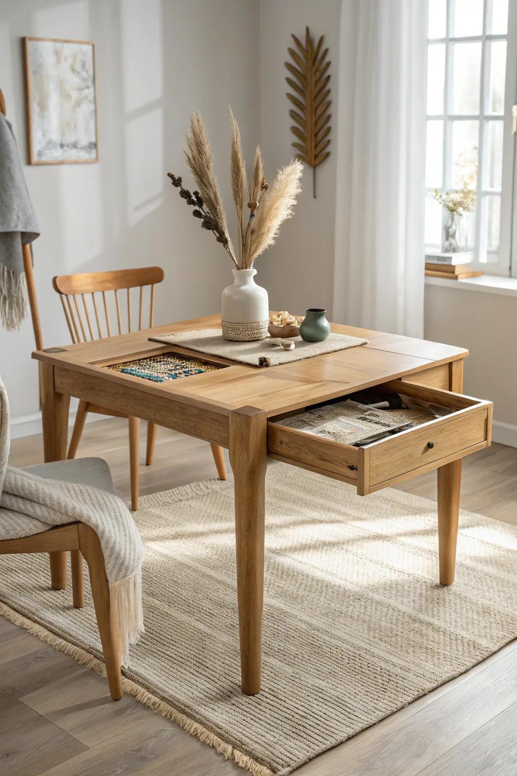 Convertible oak table: elegant for dinner, slides open to reveal a game-ready surface in seconds.