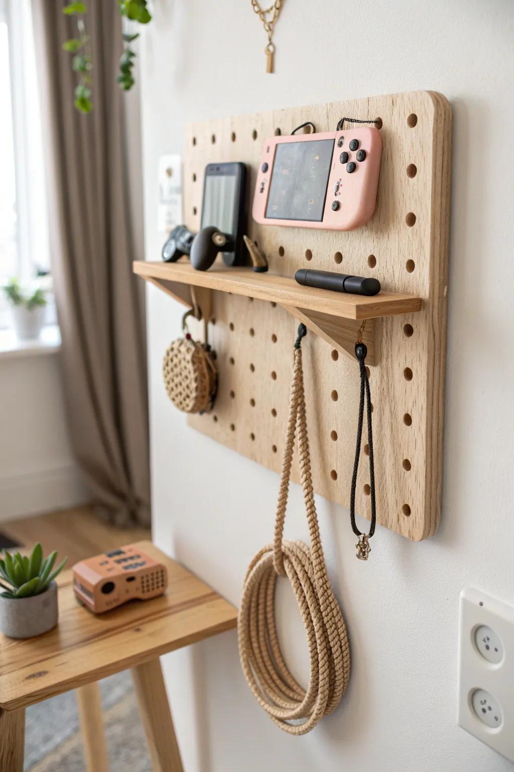 Curated wooden pegboard keeps controllers and cables off your desk—minimal, warm, and tidy.