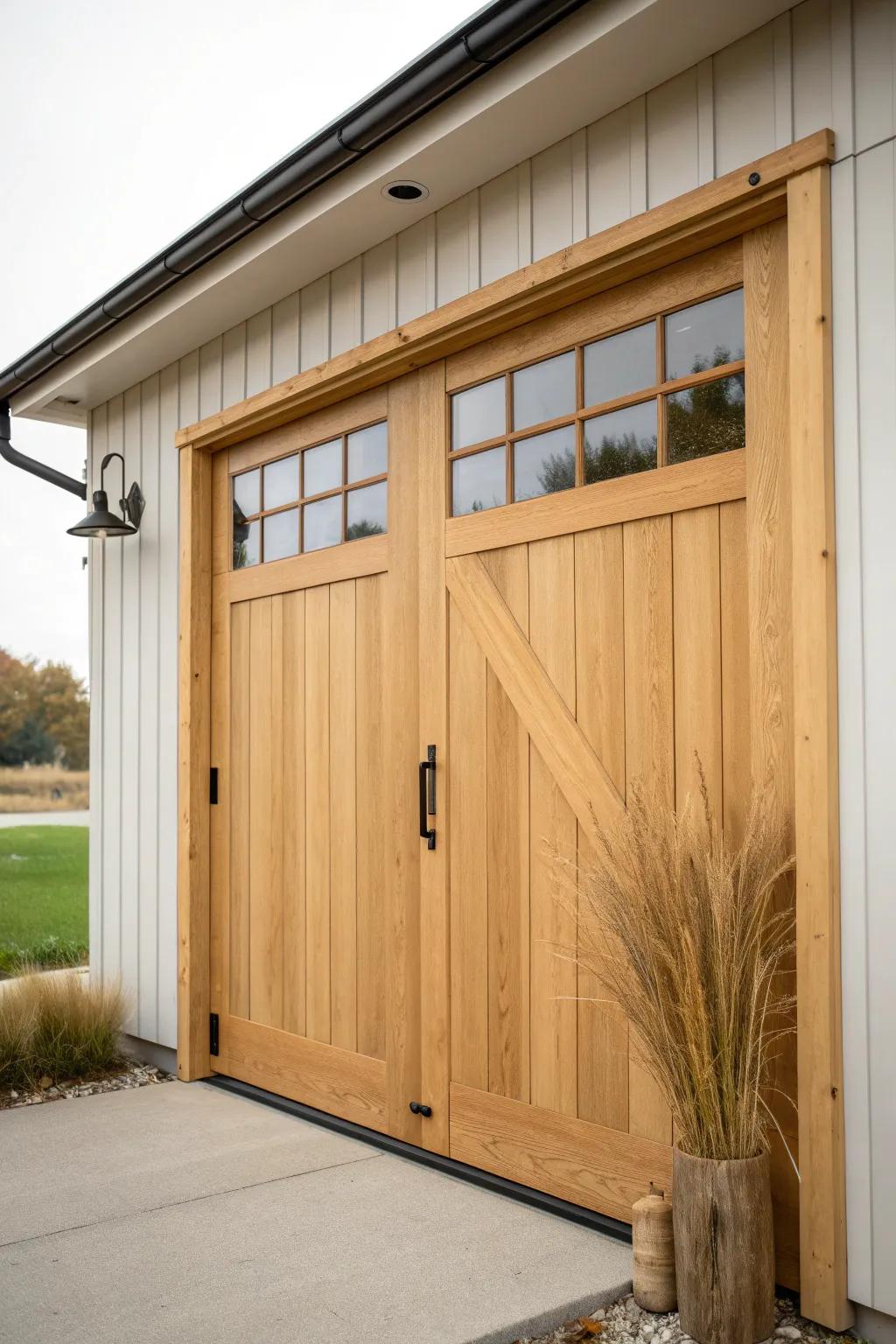Top-row window barn doors: soft daylight for your garage without sacrificing privacy.