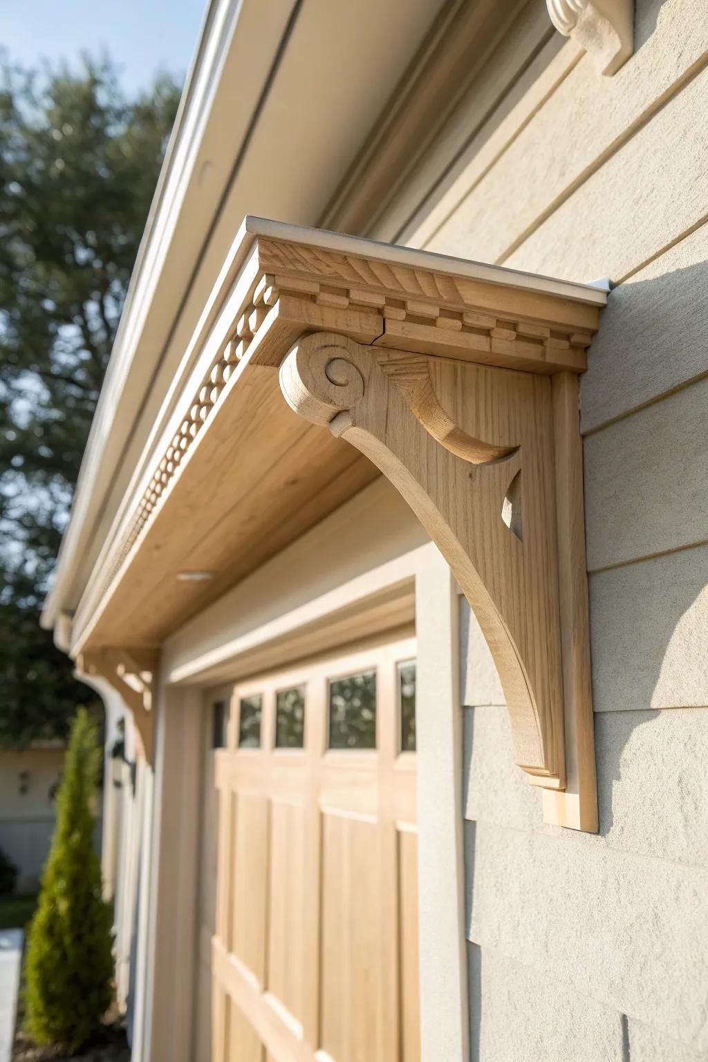 A simple painted wood corbel adds handcrafted charm to garage door trim—clean, custom, timeless.