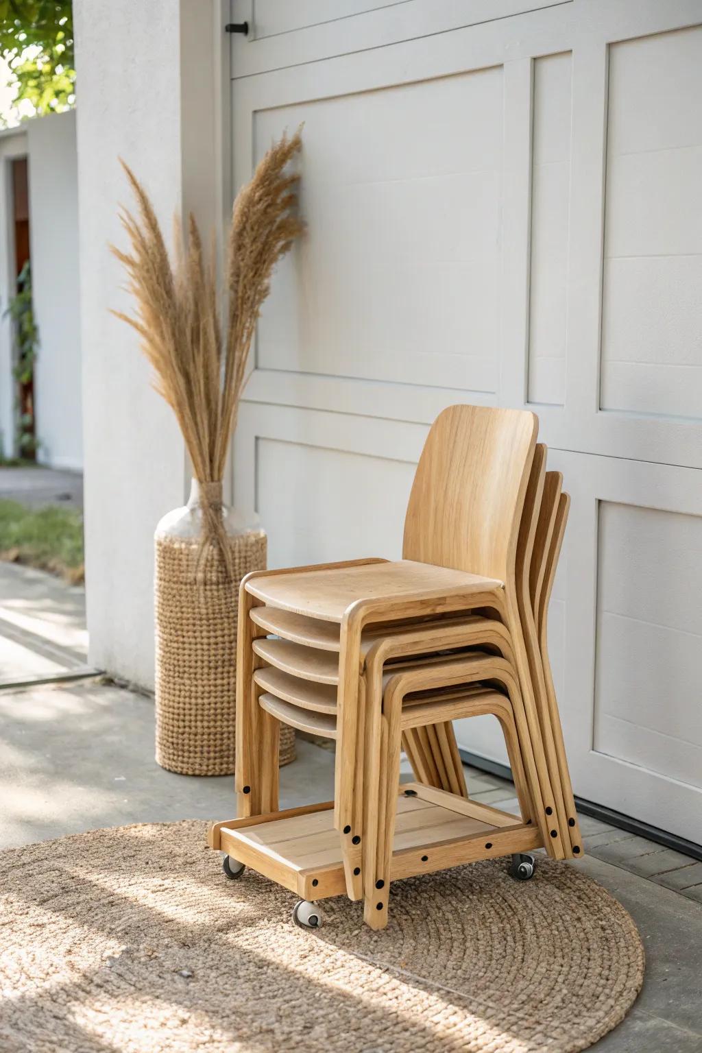 A tidy stack of chairs on a handmade wood caddy—ready for extra guests in seconds.