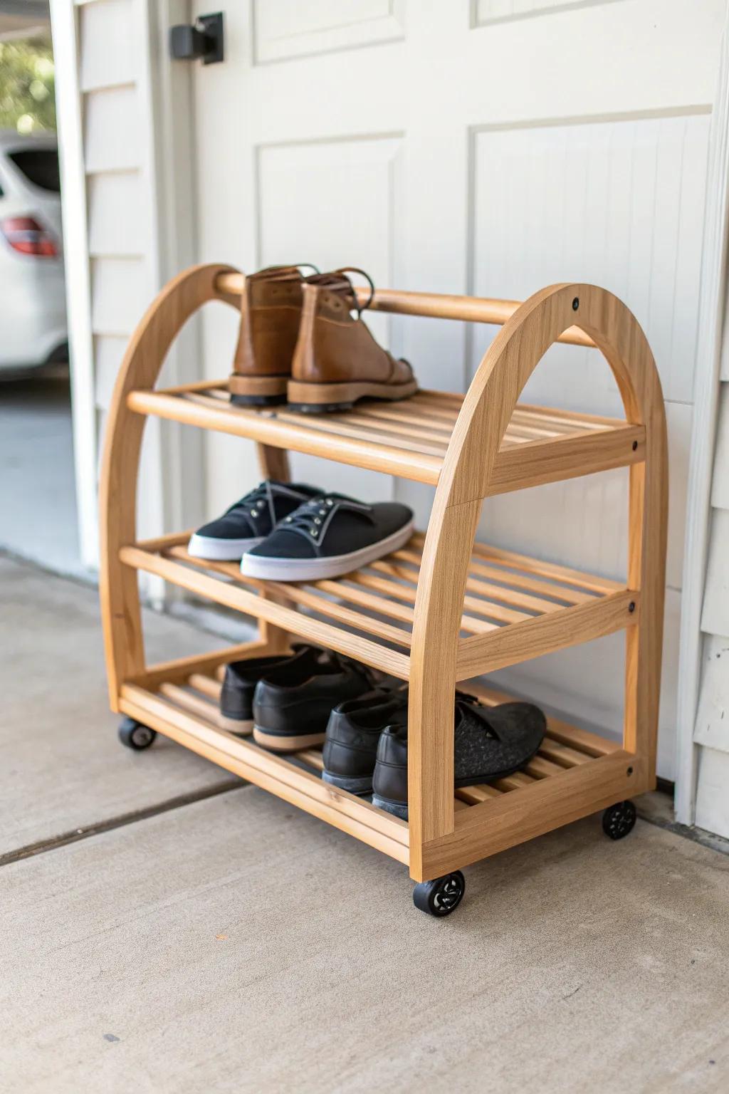 Minimal birch rolling shoe rack with locking casters—easy to pull out, clean under, and tuck away.
