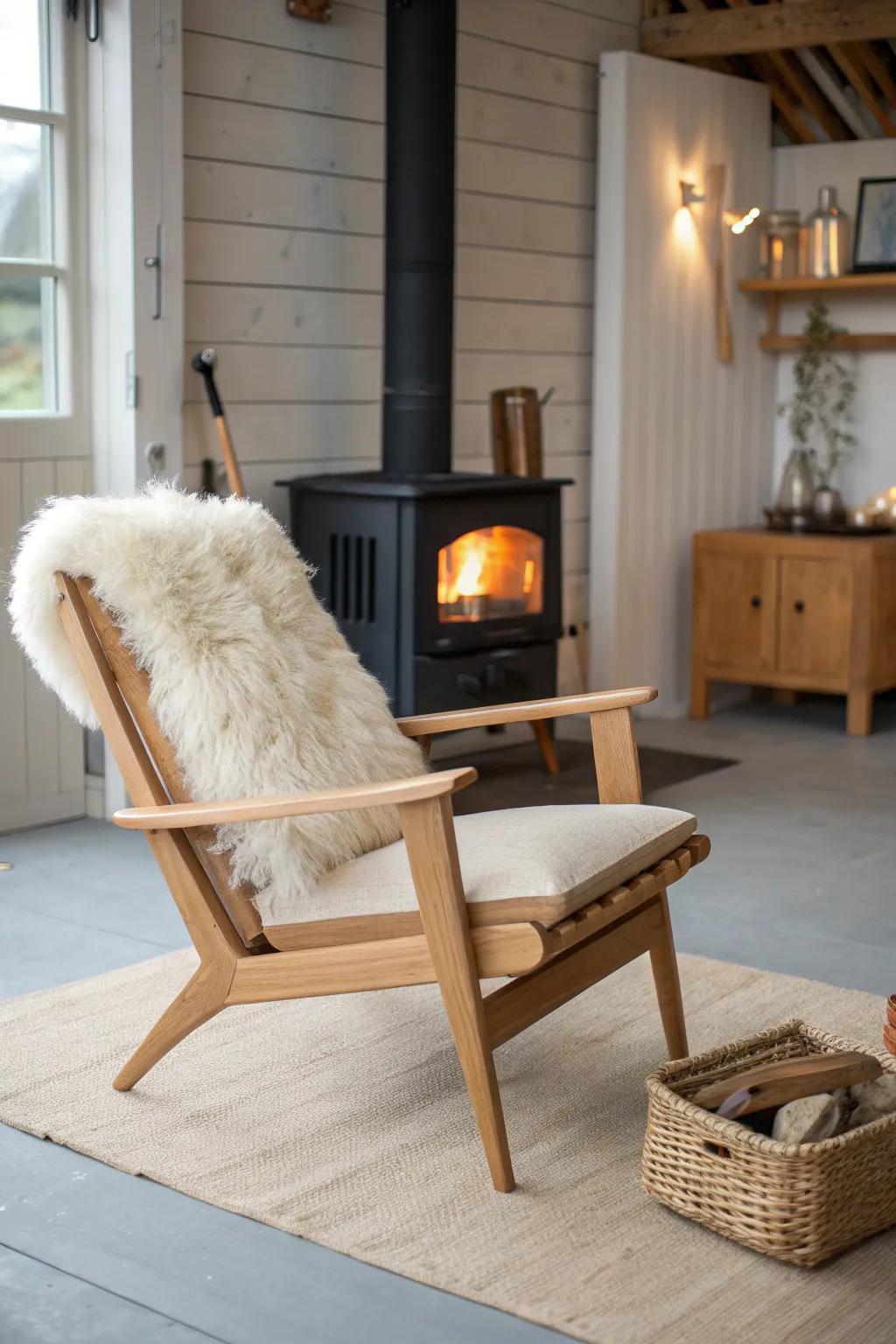 A cozy oak lounge chair by the garage wood stove—simple, warm, and made for thawing out.