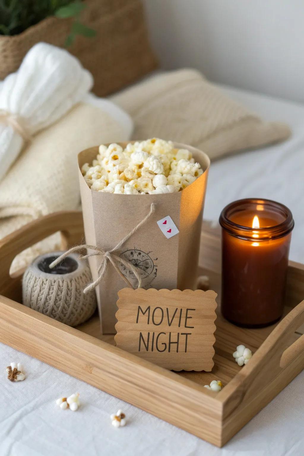 Cozy movie night gift tray: popcorn, candy, socks, candle + a wood-burned “Movie Night” tag.