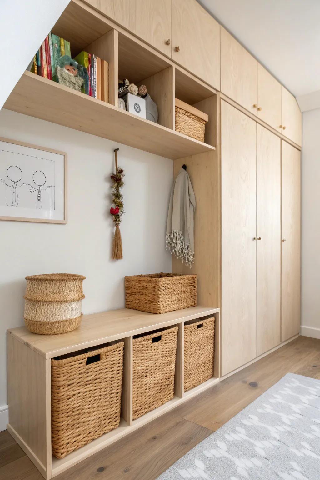 A calm closet nook built-in toy box wall—dump shelf below, deeper bins above, all in warm birch.