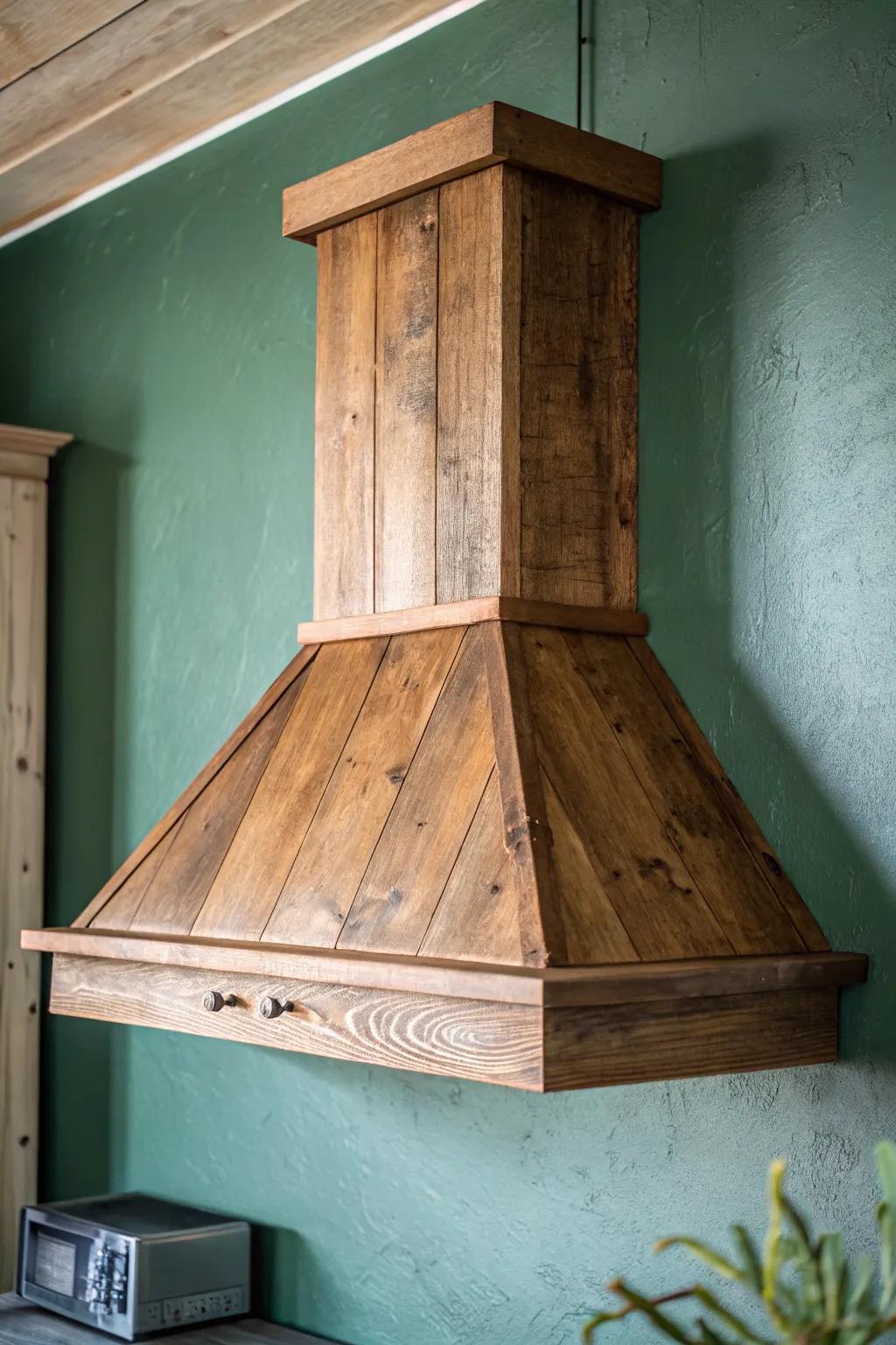 Reclaimed brown wood range hood against sage-green surround—minimal, warm, and handcrafted.