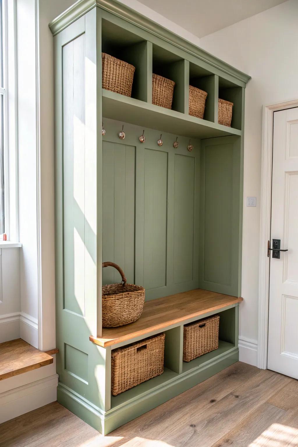 Sage-green built-in cubby + woven basket: the quickest way to make a mudroom look tidy.