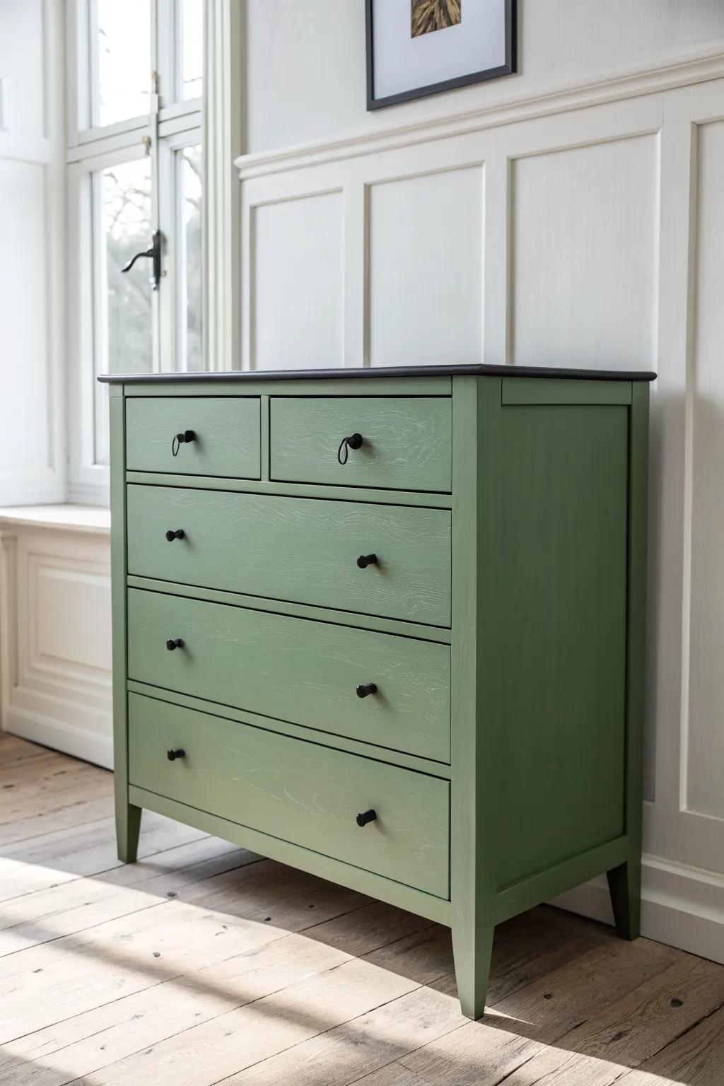Sage green drawers + matte black pulls for a crisp modern farmhouse look with minimal effort.