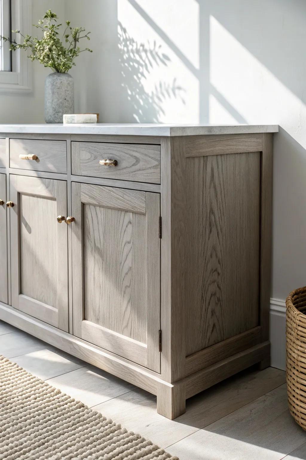Matte gray cabinetry paired with bright white countertops for an airy, modern kitchen look.
