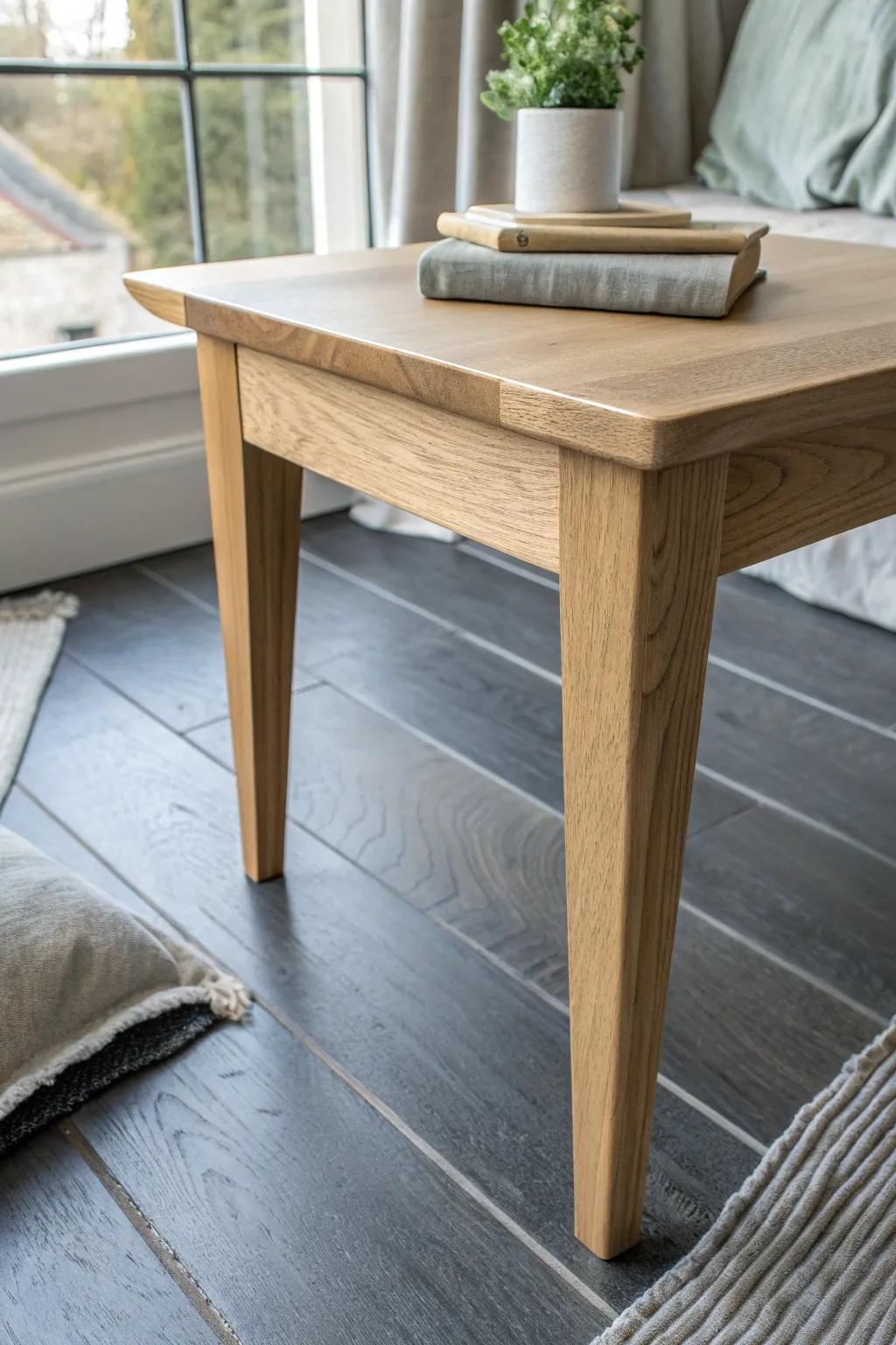 Gray-on-gray layering: a handcrafted oak side table pops against cool gray floors.