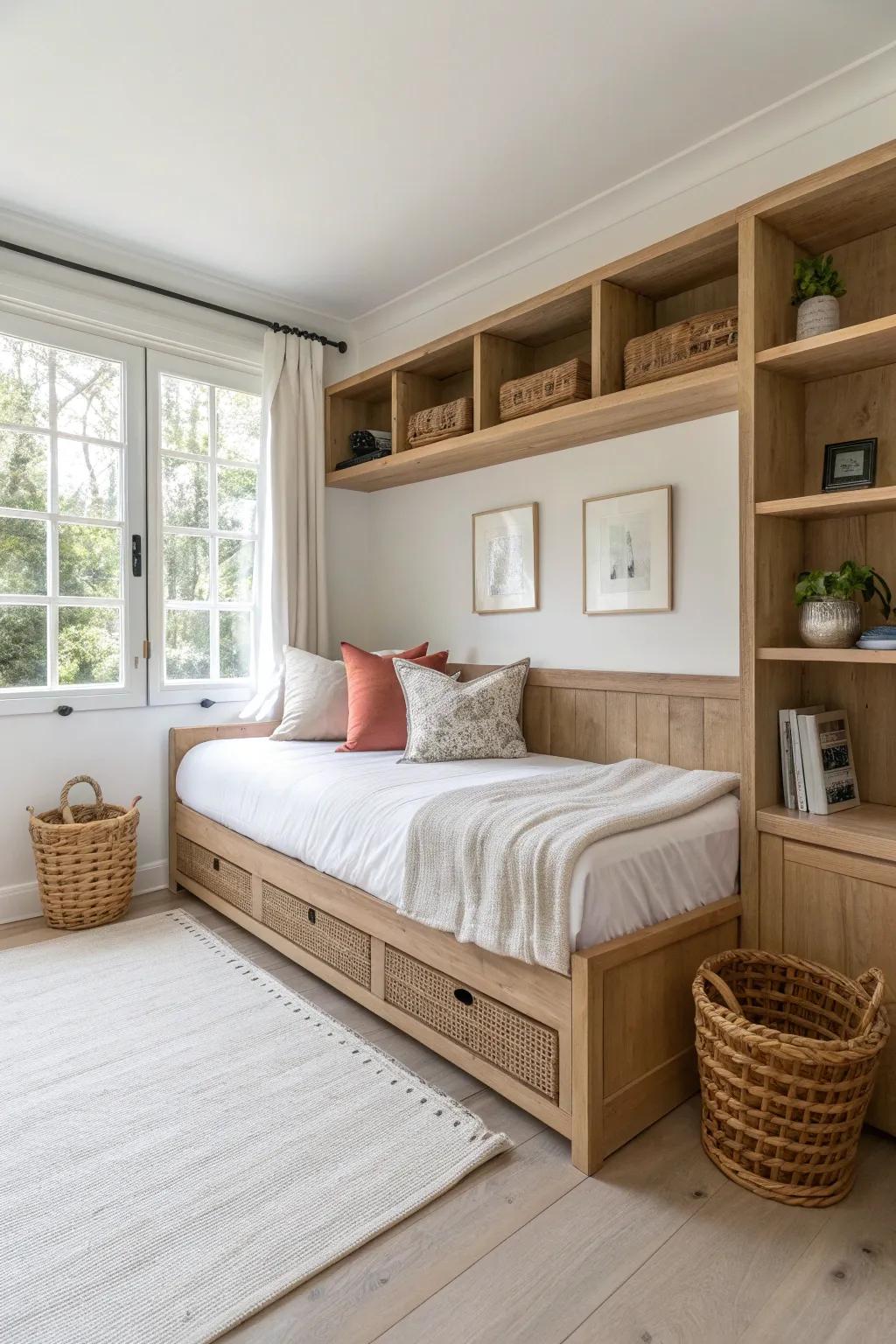 Light oak built-in daybed with wall shelves and basket cubbies—calm, guest-ready, and beautiful.