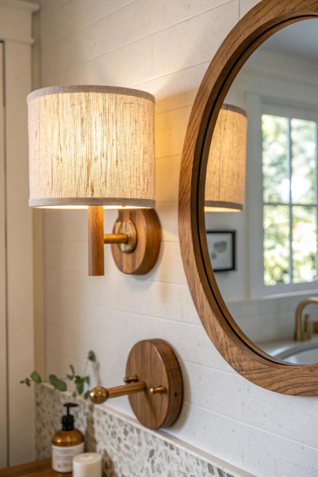 Swap overhead glare for a warm wooden sconce—instant half bath upgrade with a finished feel.