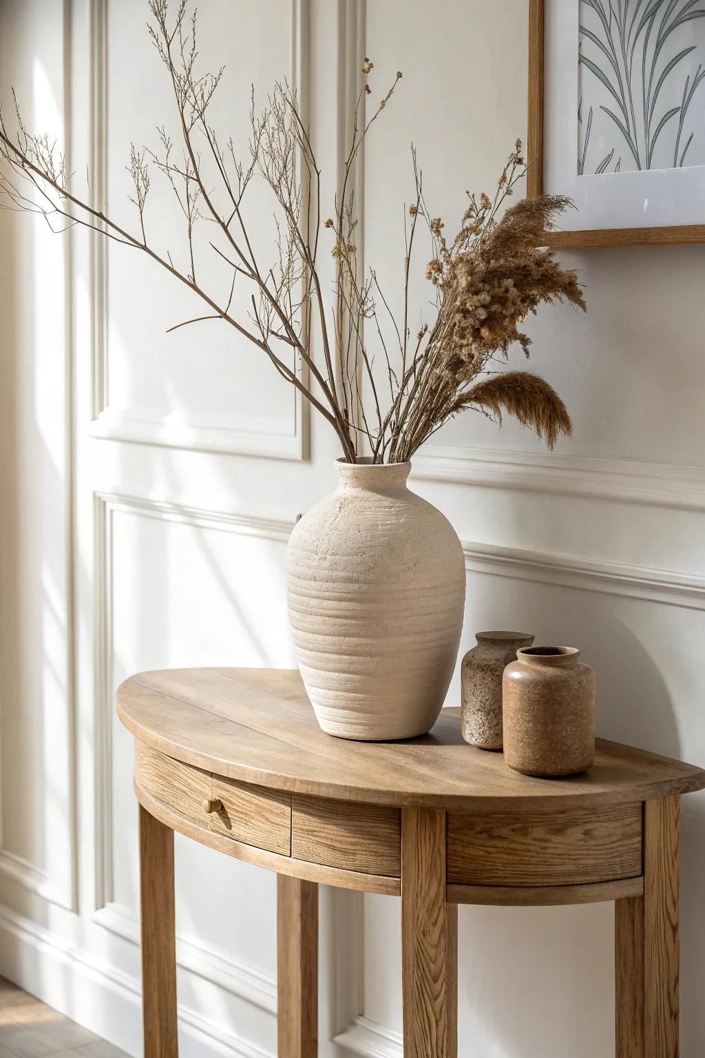 One neutral vase, endless seasons—swap stems for an effortless half moon table refresh.