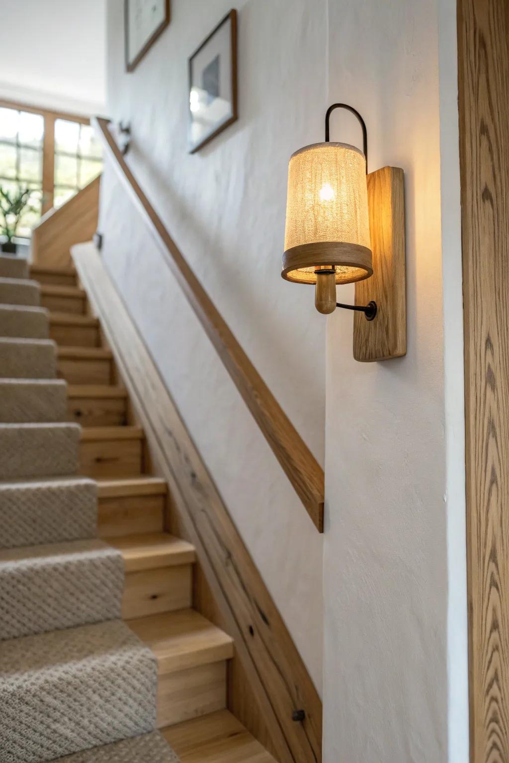 A warm wall sconce creates a cozy, safer stairway glow—soft light, strong style.