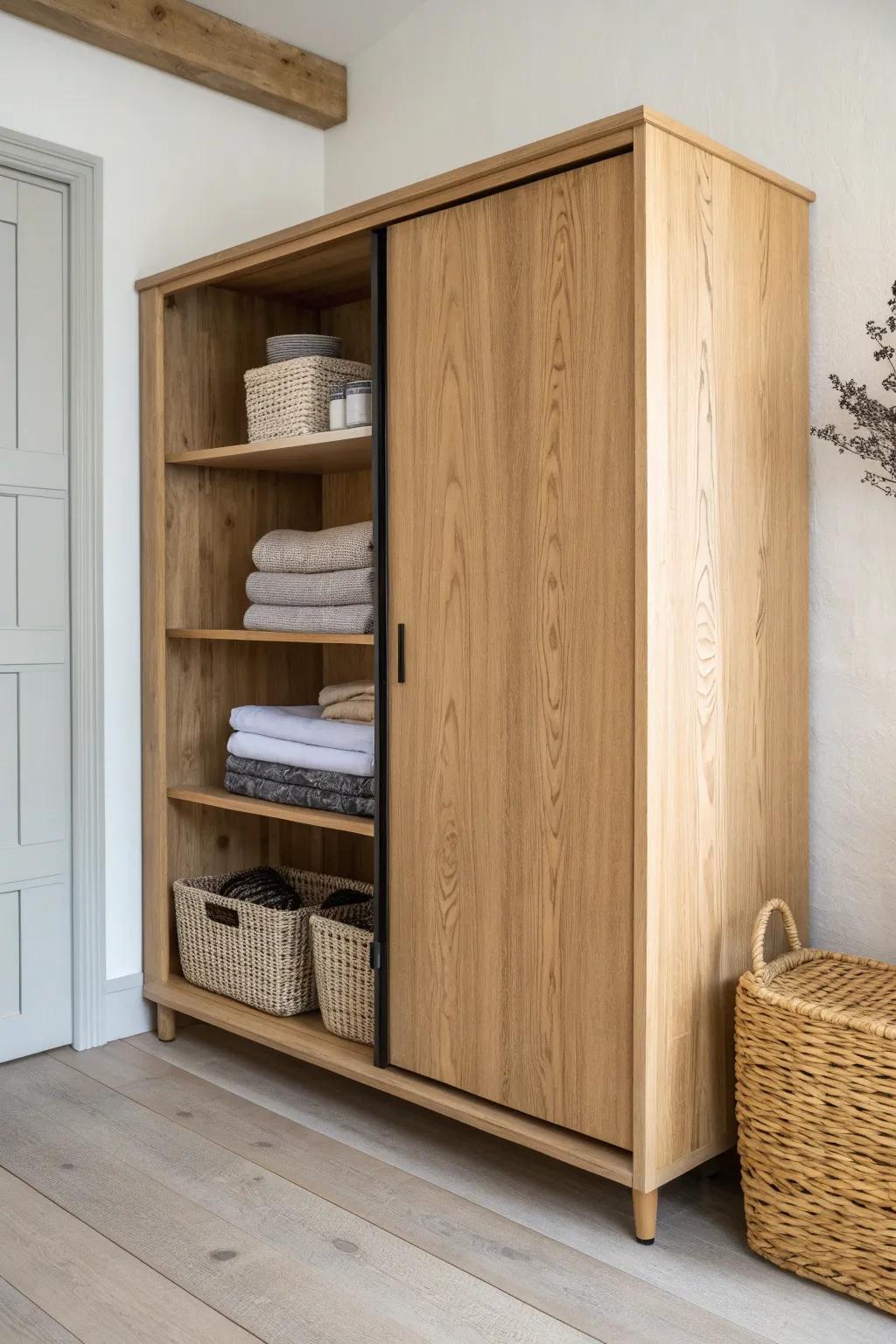 A sleek oak sliding-door cabinet that hides hallway clutter while keeping a calm, crafted look.