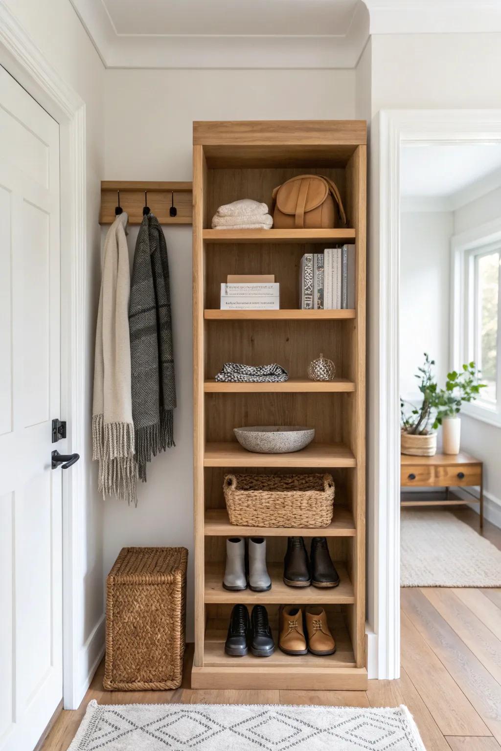 Create shelf-level zones—daily essentials at eye level, heavy items low, seasonal baskets up high.