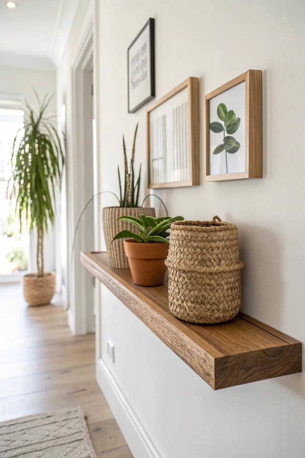 Chunky floating wood shelf: warm vertical styling for a tight hallway—baskets, art, and greenery.