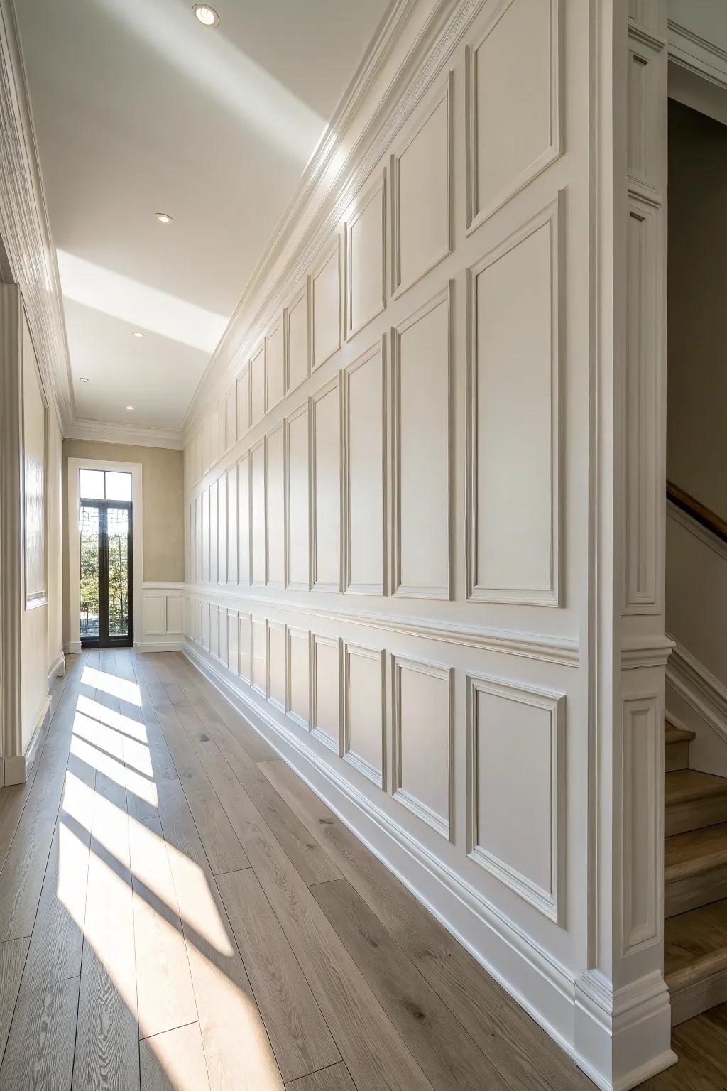 Floor-to-ceiling box molding adds gallery-like rhythm to a tall hallway—minimal yet warm.