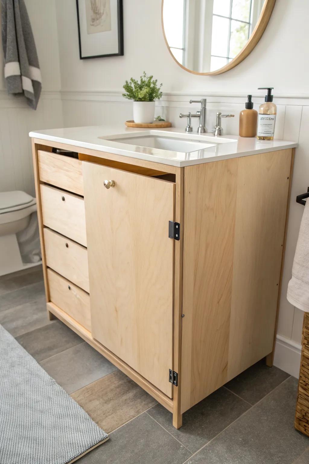 A sleek removable wood guard panel keeps knees safe and the vanity look seamless.