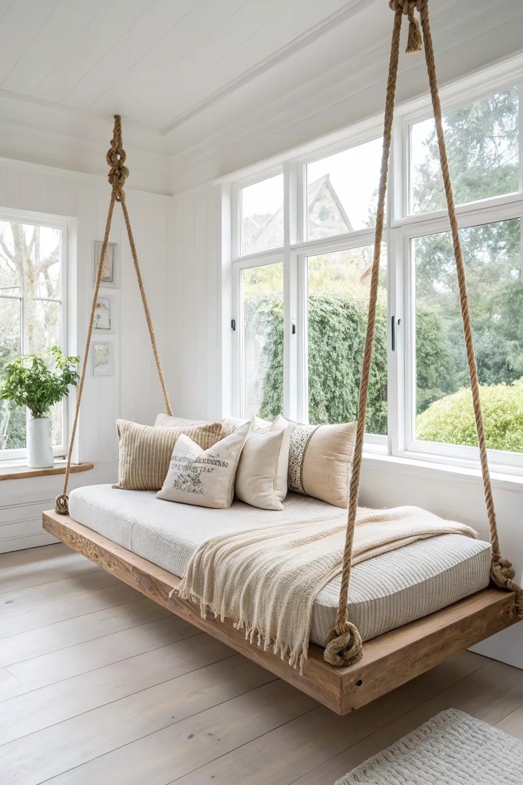A light oak hanging daybed by the window—minimal, cozy, and made for rainy‑day reading.